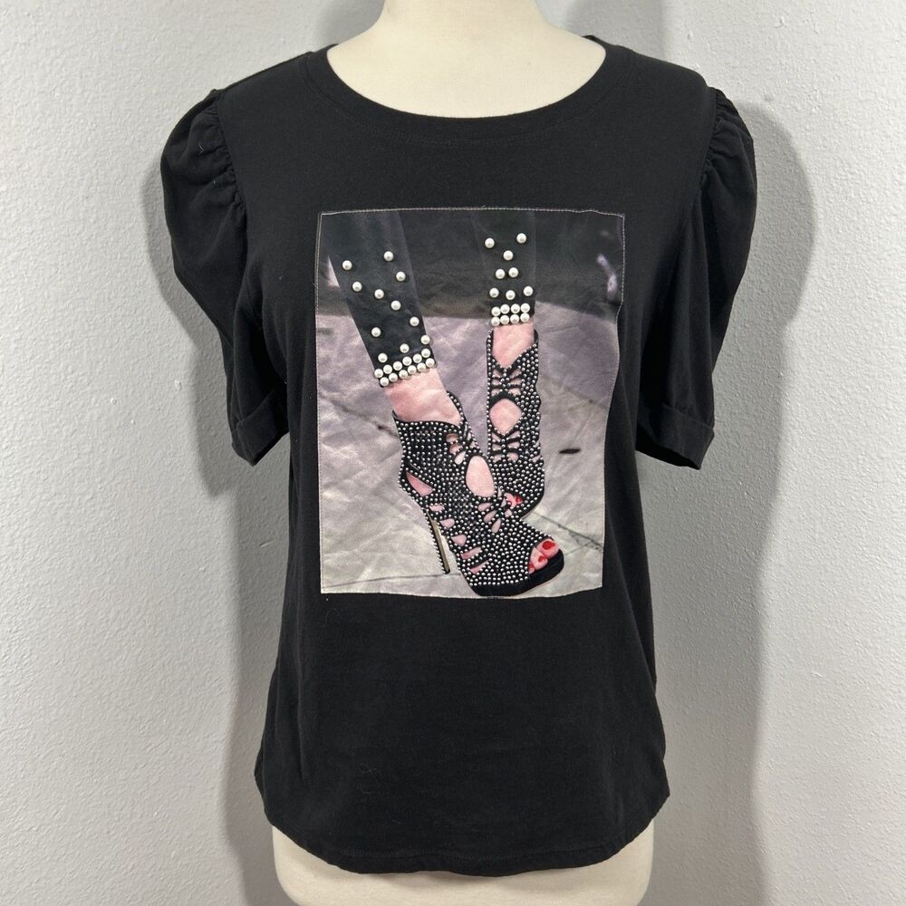 Occasion Top Large Black Crew Rhinestone Beaded Grunge Blouse Chic 90s